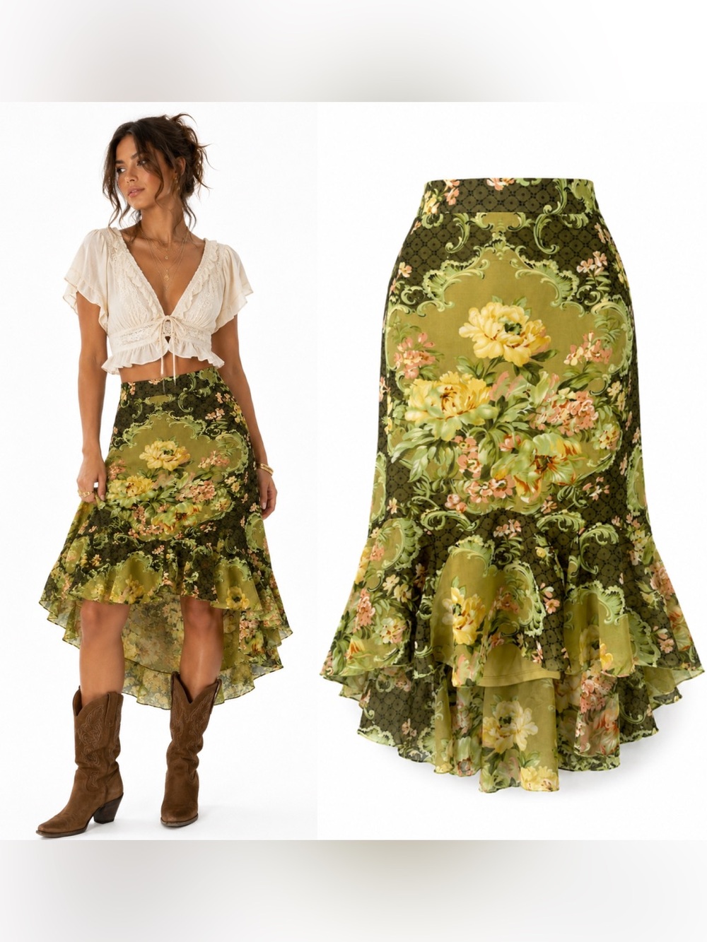 Boho High-Low Floral Skirt - Olive Green